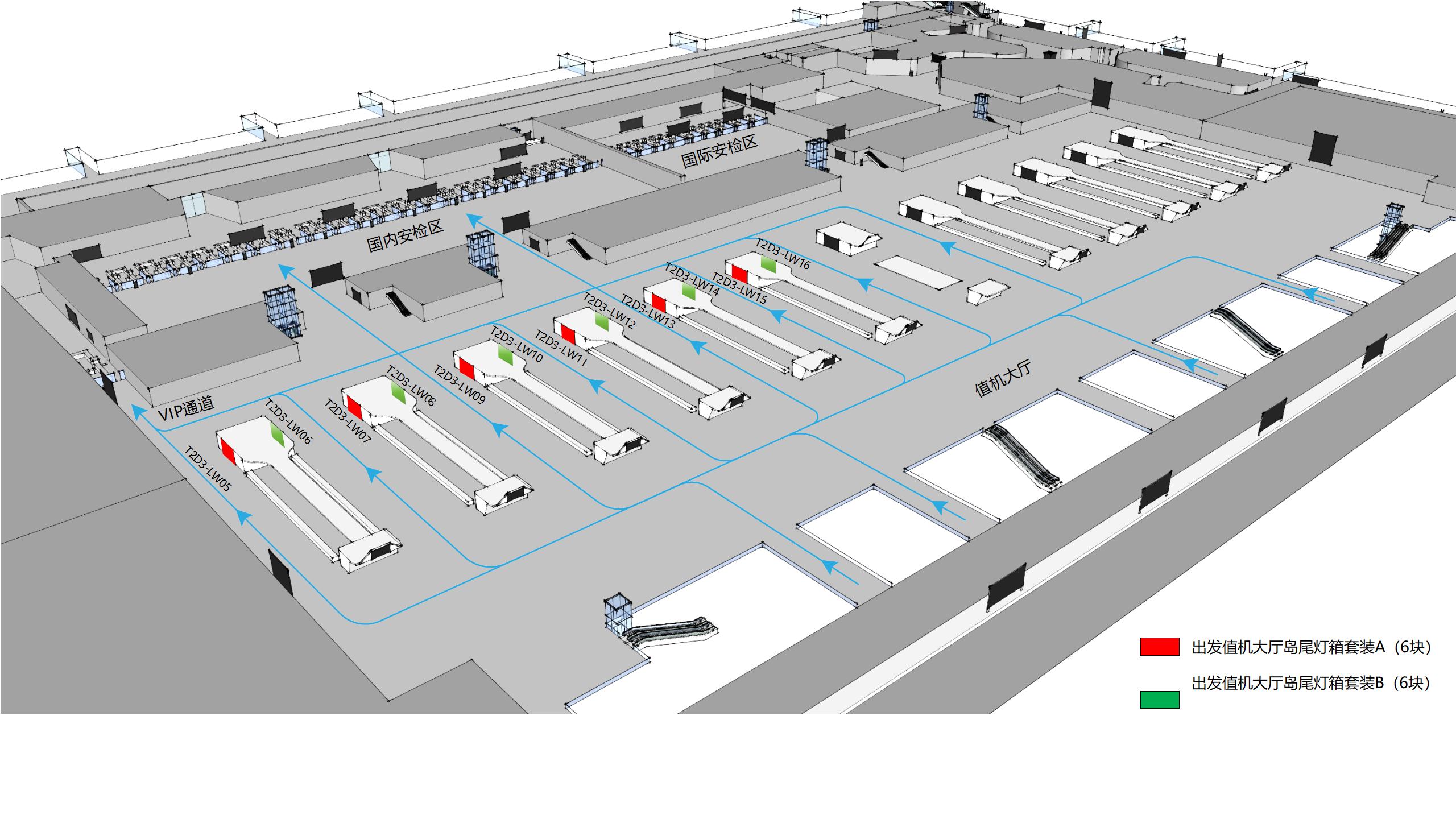 广州白云机场广告-T2国内出发值机厅灯箱套装A位置图