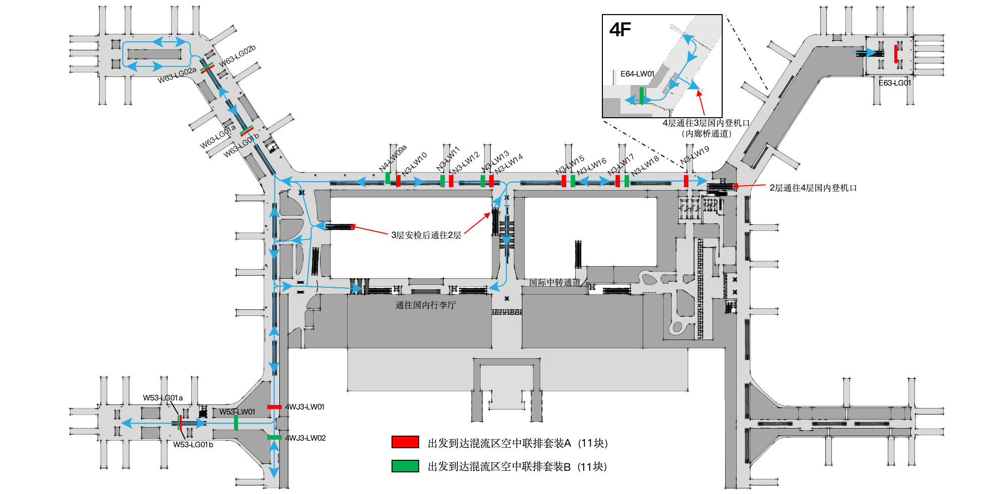 广州白云机场广告-T2国内混流区挂旗套装位置图