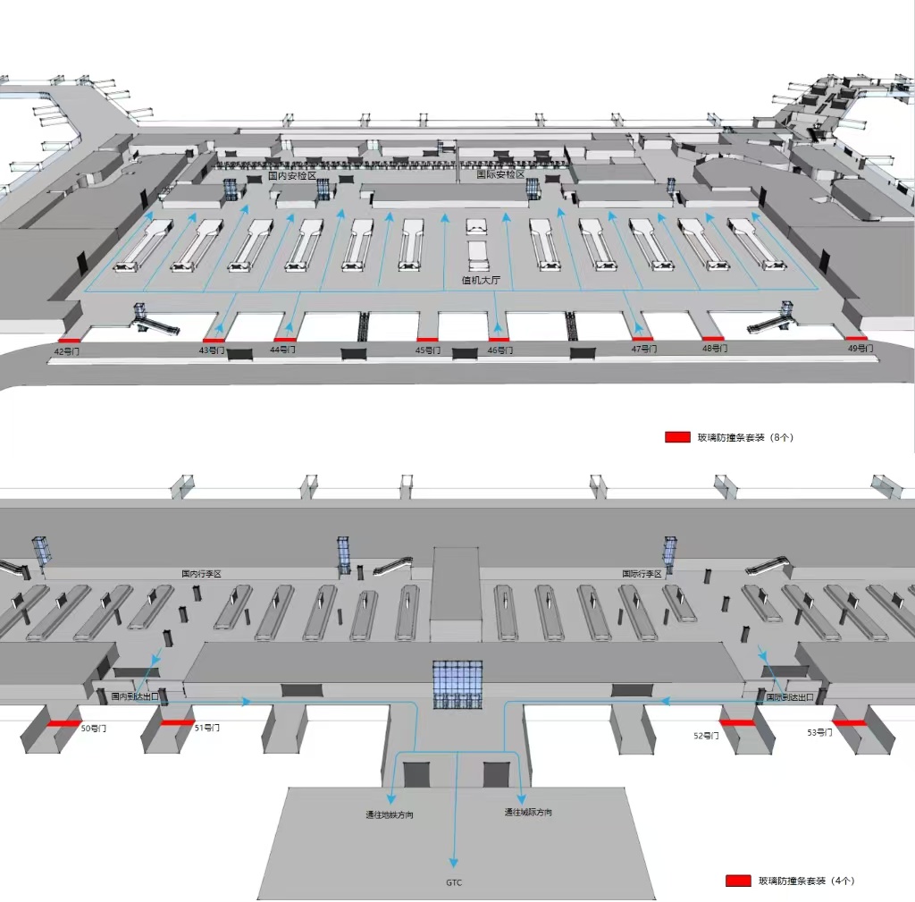 广州白云机场广告-T2出入口玻璃防撞条套装位置图