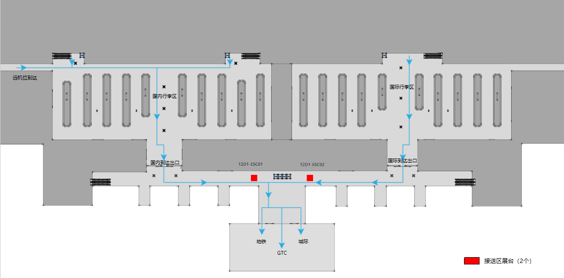 广州白云机场广告-T2到达迎客厅展台位置图