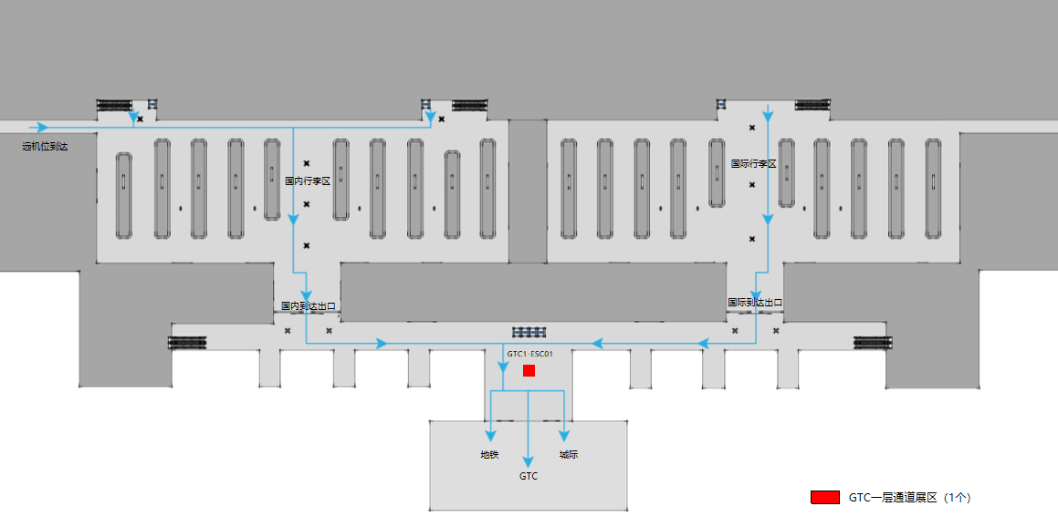 广州白云机场广告-T2交通枢纽一层通道展区位置图