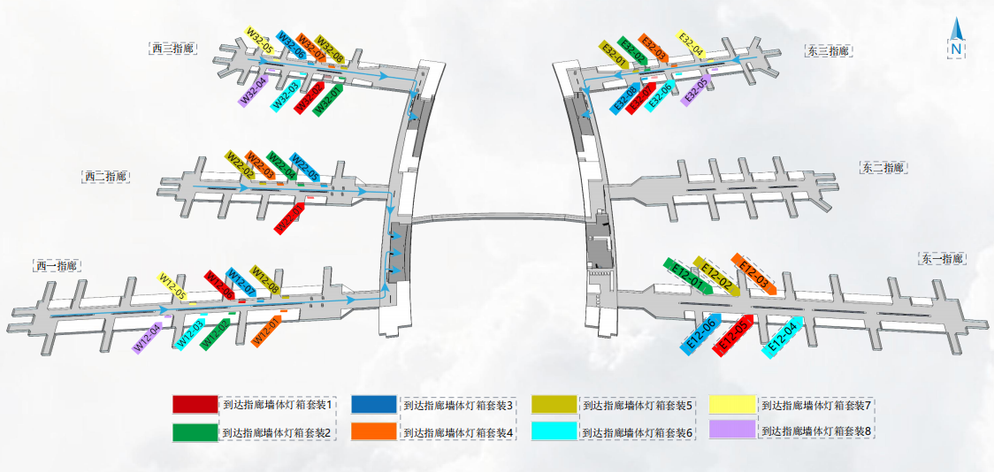 广州白云机场广告-T1国内到达通廊墙体灯箱套装位置图