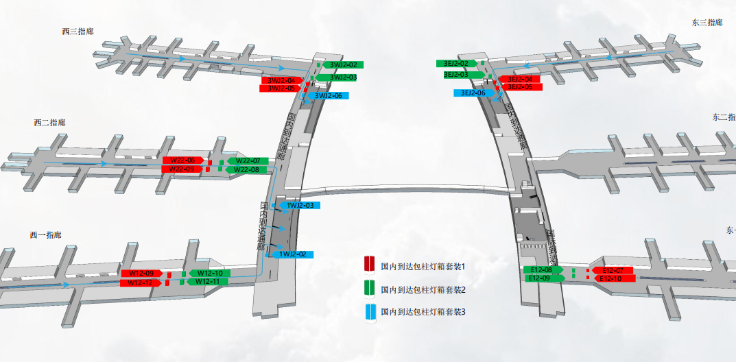 广州白云机场广告-T1国内到达通廊包柱灯箱套装位置图