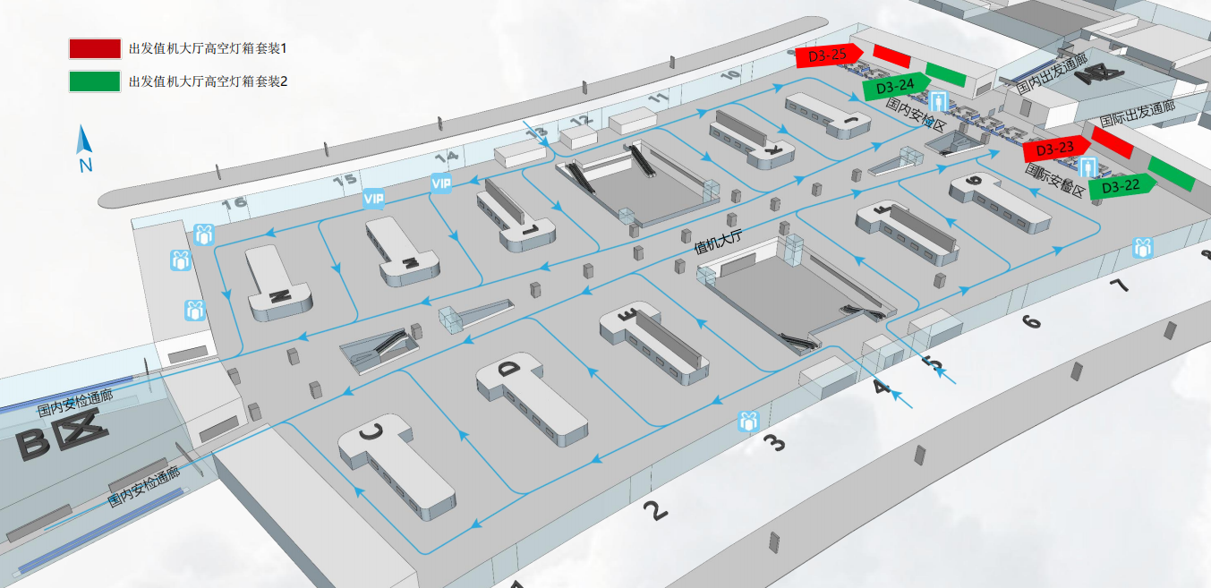 广州机场广告-T1出发值机大厅高空灯箱套装点位图