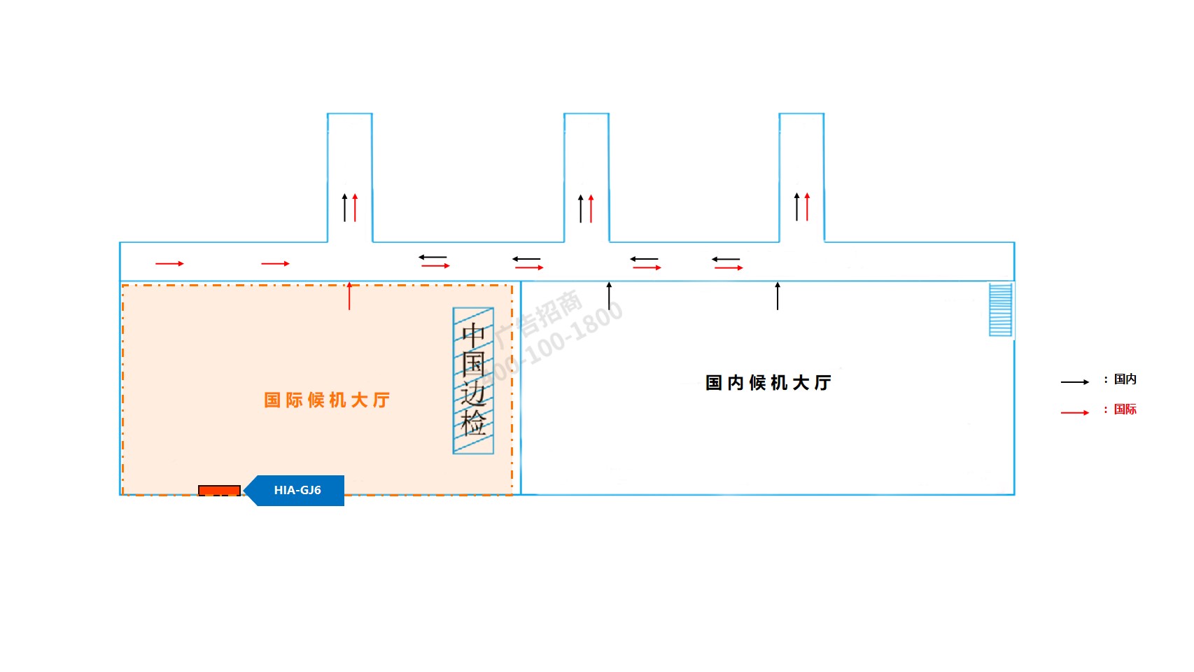 淮安机场广告-国际出发候机厅灯箱GJ6位置图