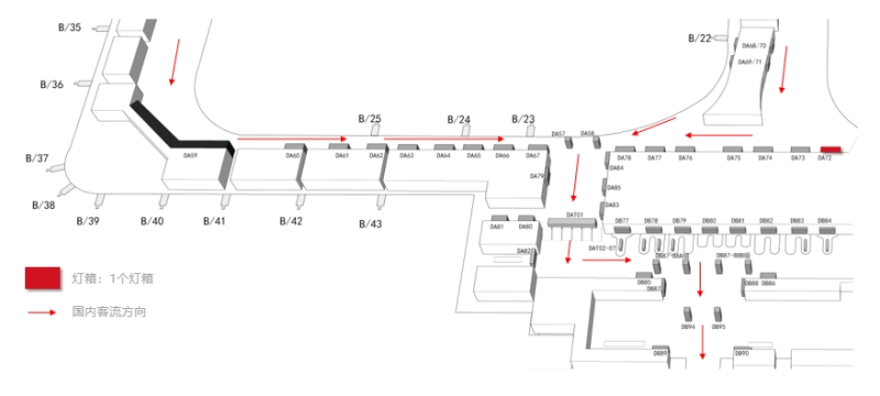 杭州萧山机场广告-T3国内到达通廊灯箱DA72位置图