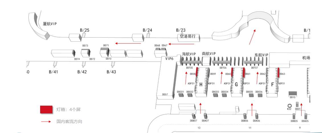 杭州萧山机场广告-T3国内出发办票厅灯箱2位置图