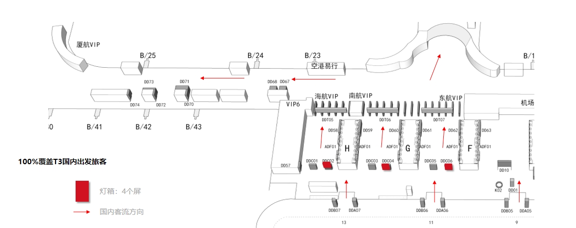 杭州萧山机场广告-T3国内出发办票厅灯箱DDC02位置图