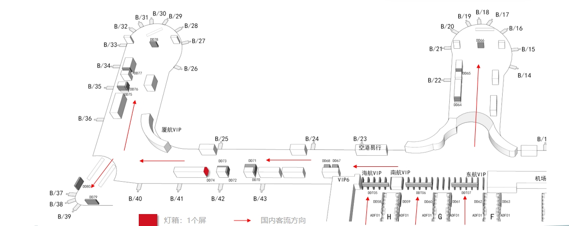 杭州萧山机场广告-T3国内出发通廊灯箱DD74位置图