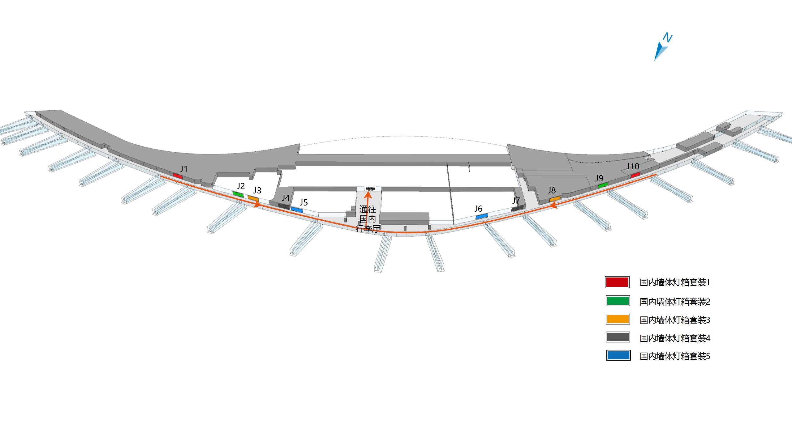 合肥新桥国际机场广告-国内到达通廊墙体灯箱套装位置图