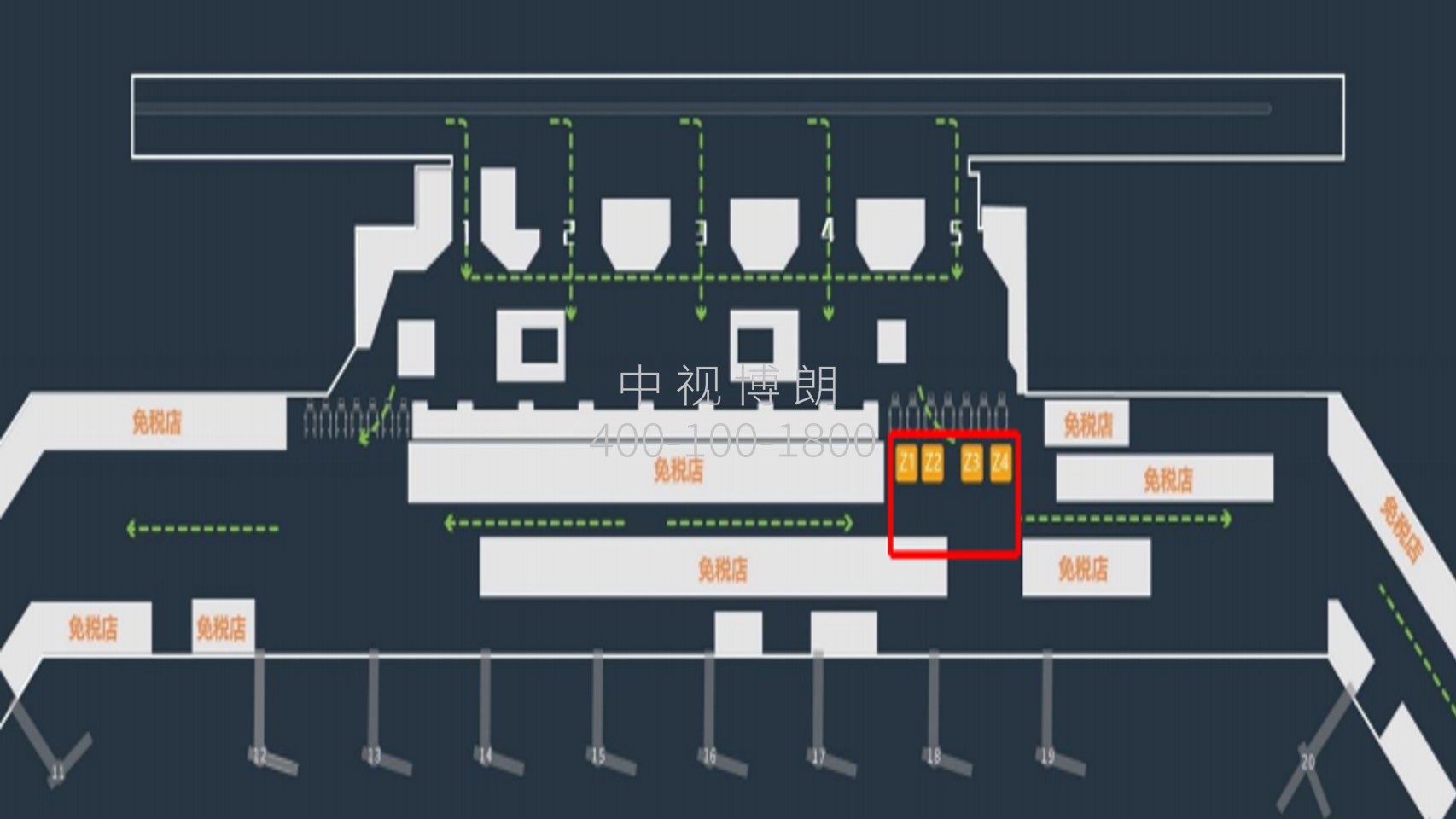 海口机场广告-T1出发候机免税区包柱灯箱Z1-4套装点位图