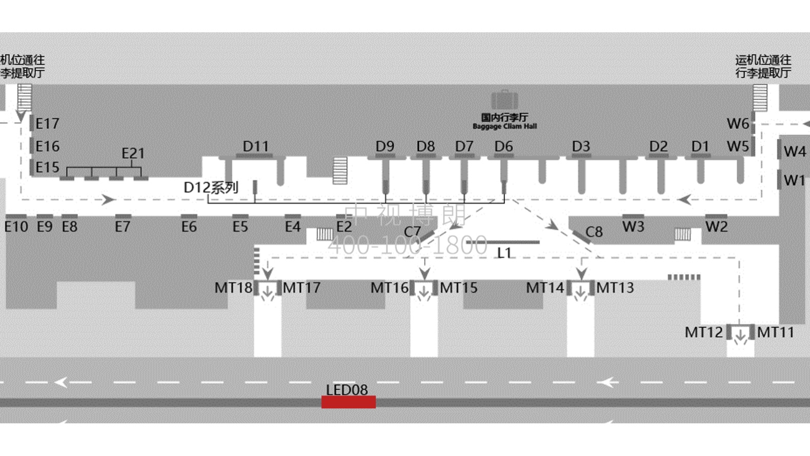 海口美兰机场广告-T1到达出口LED大屏位置图
