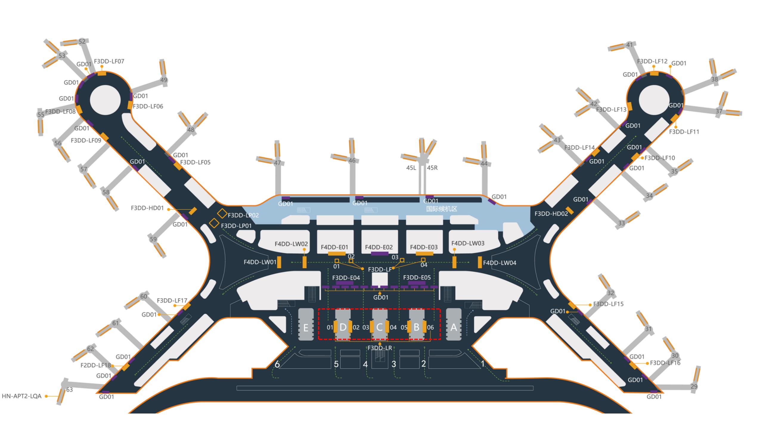 海口美兰机场广告-T2出发值机岛灯箱套装LR01~06位置图