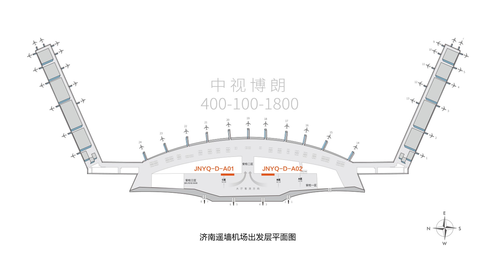 济南遥墙国际机场广告-国内出发值机区灯箱套装1位置图