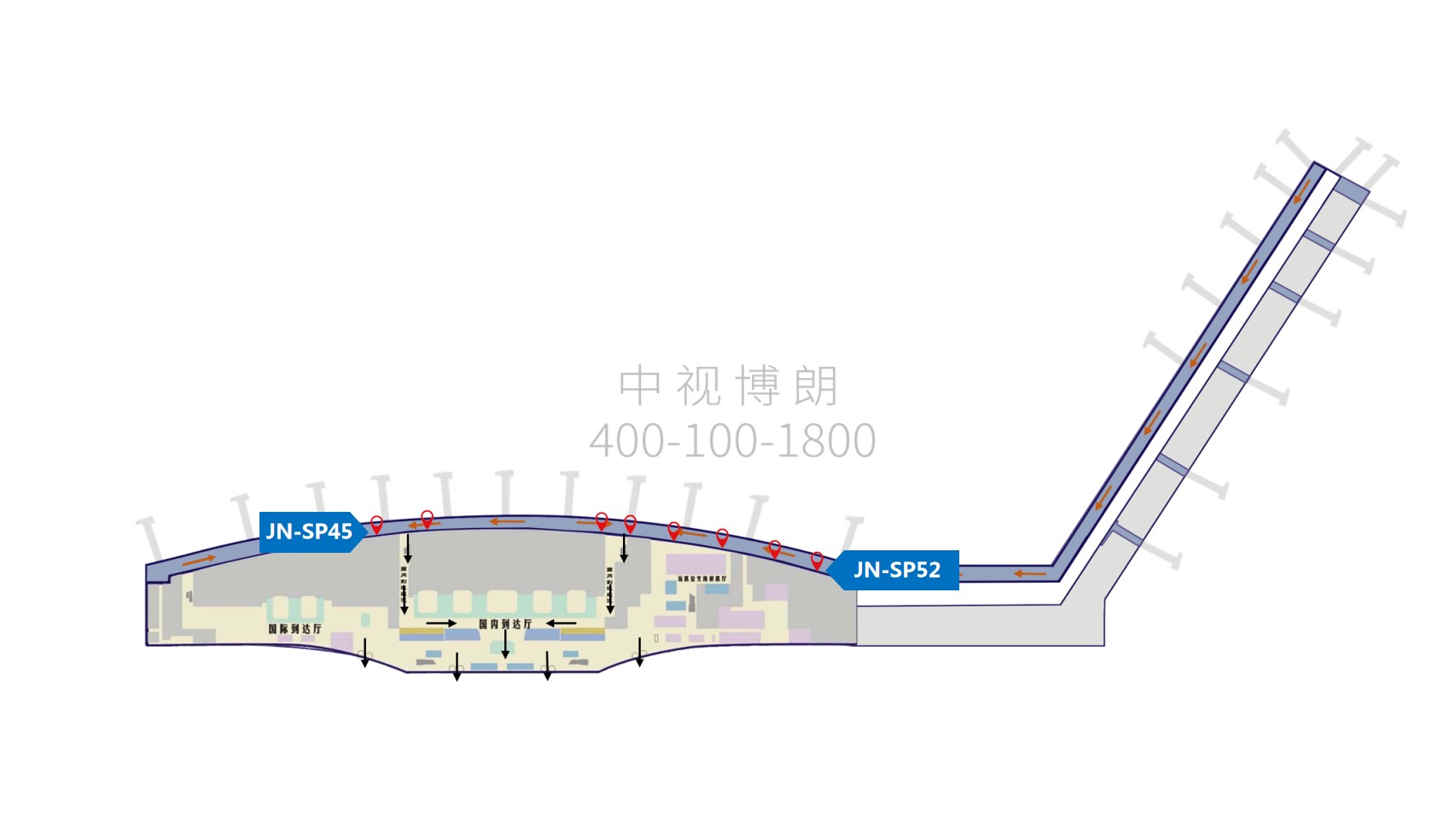 济南遥墙国际机场广告-国内到达夹层通廊刷屏套装位置图