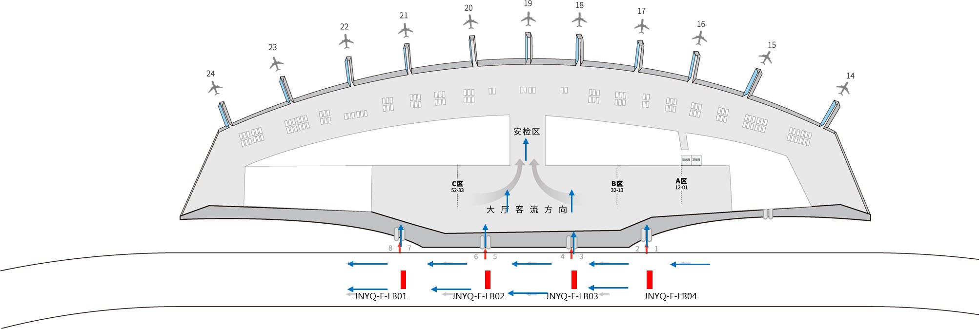 济南遥墙国际机场广告-国内出发户外灯箱套装位置图