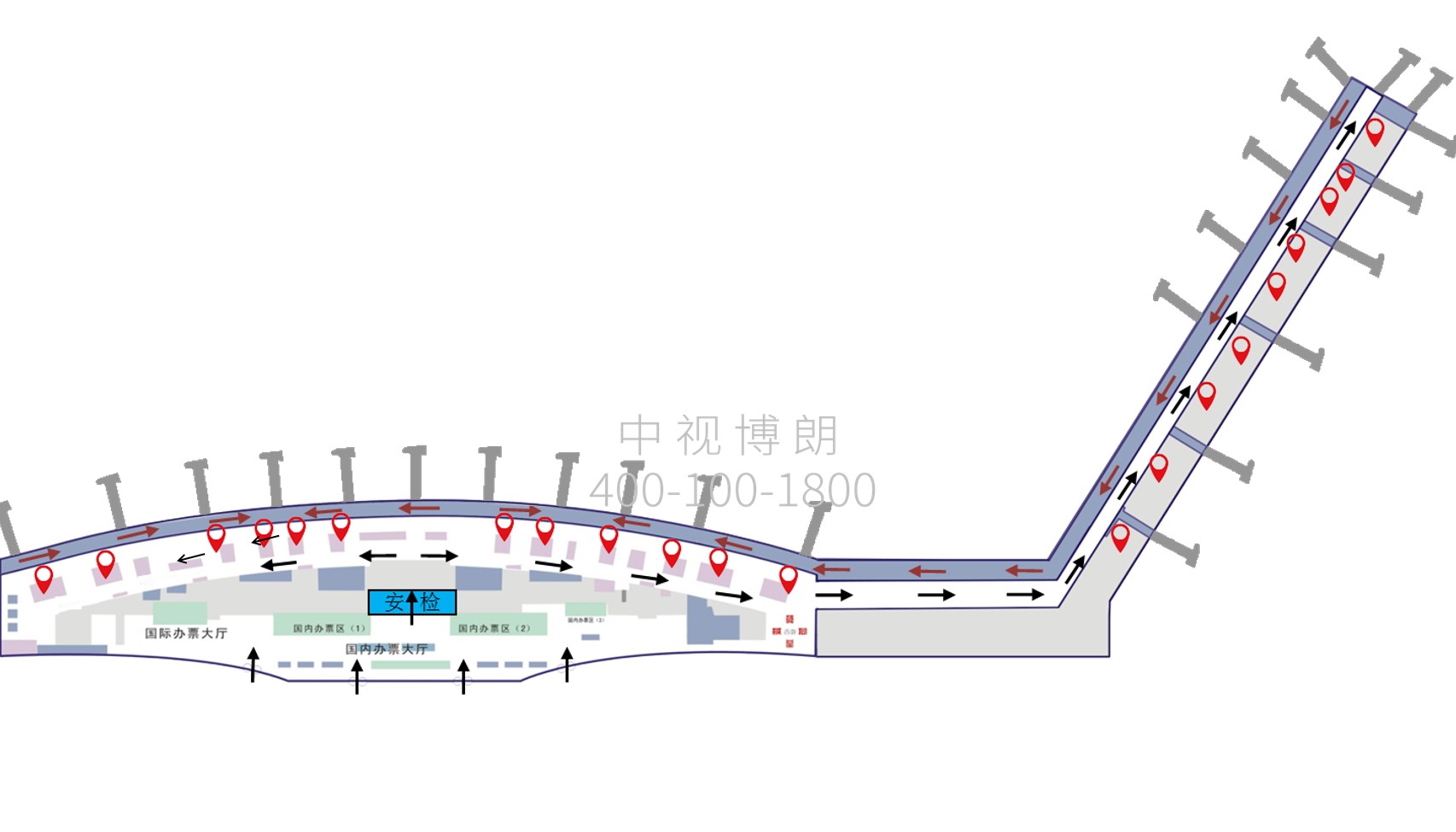 济南机场广告-国内出发候机联排屏幕套装点位图