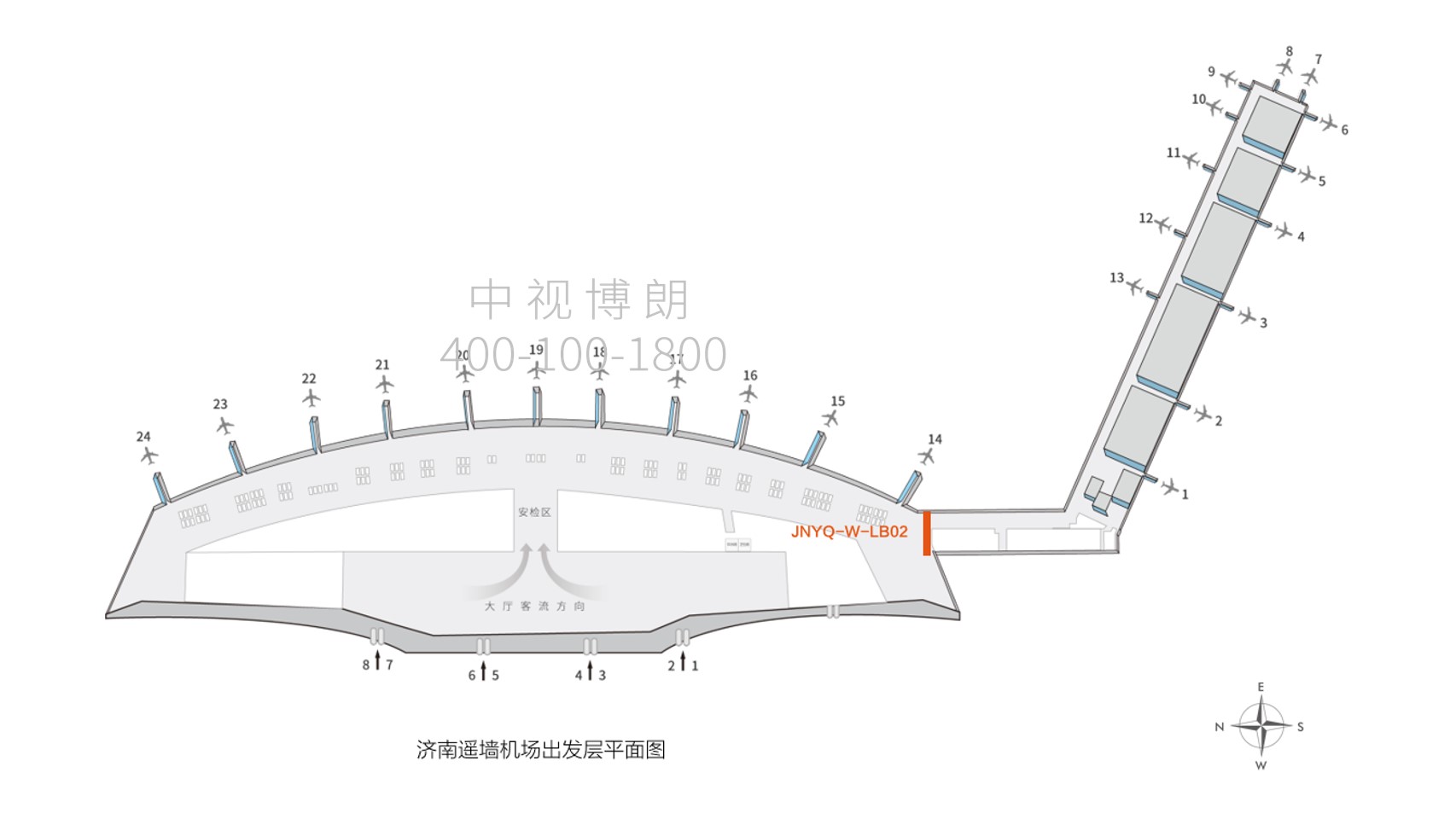 济南遥墙国际机场广告-主楼与南指廊交界处灯箱LB02位置图