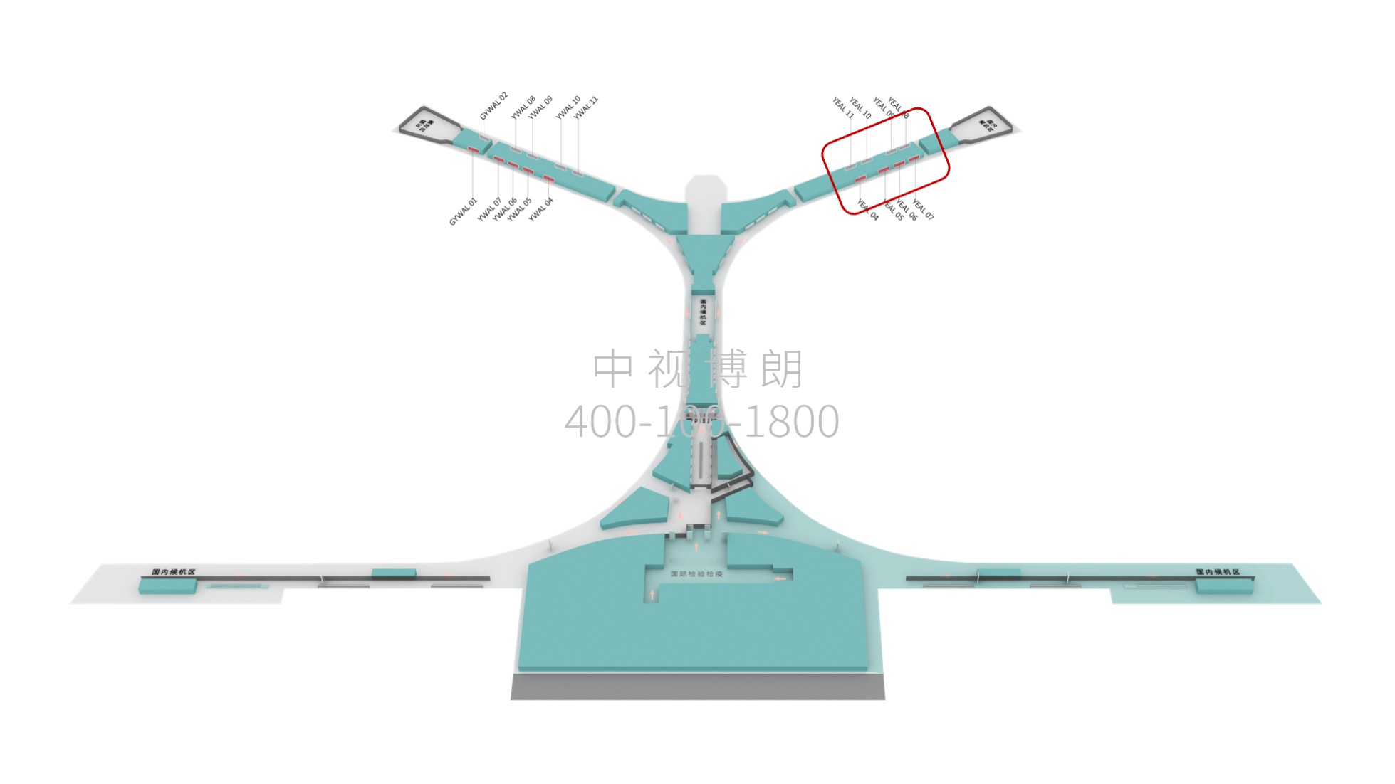 昆明长水国际机场广告-国内到达东Y指廊墙面灯箱位置图