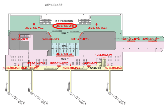 绵阳南郊机场广告-T2出发值机厅上空护栏灯箱D001位置图