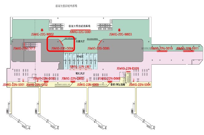 绵阳南郊机场广告-T2出发安检通道两侧灯箱D004位置图