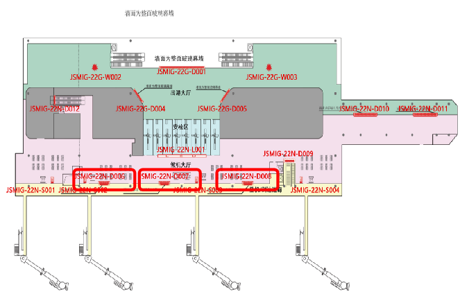 绵阳南郊机场广告-T2出发候机厅隔断灯箱D006~8位置图