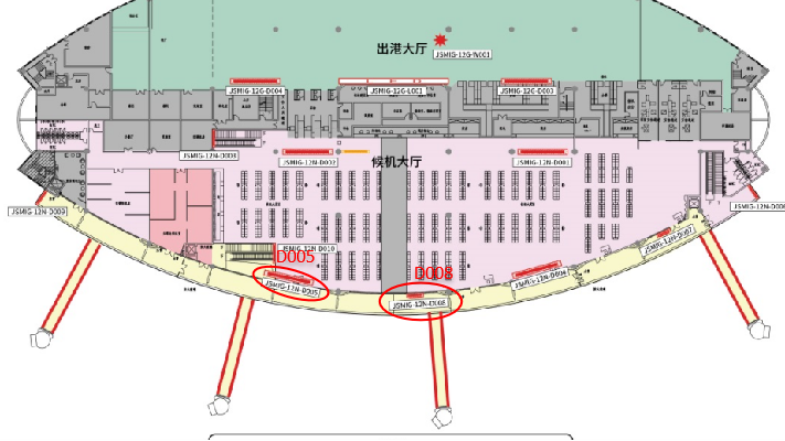 绵阳南郊机场广告-T1出发到达通廊灯箱D005/008位置图