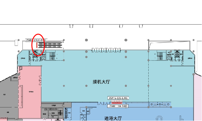 绵阳南郊机场广告-停车场下扶梯楣头灯箱D001位置图