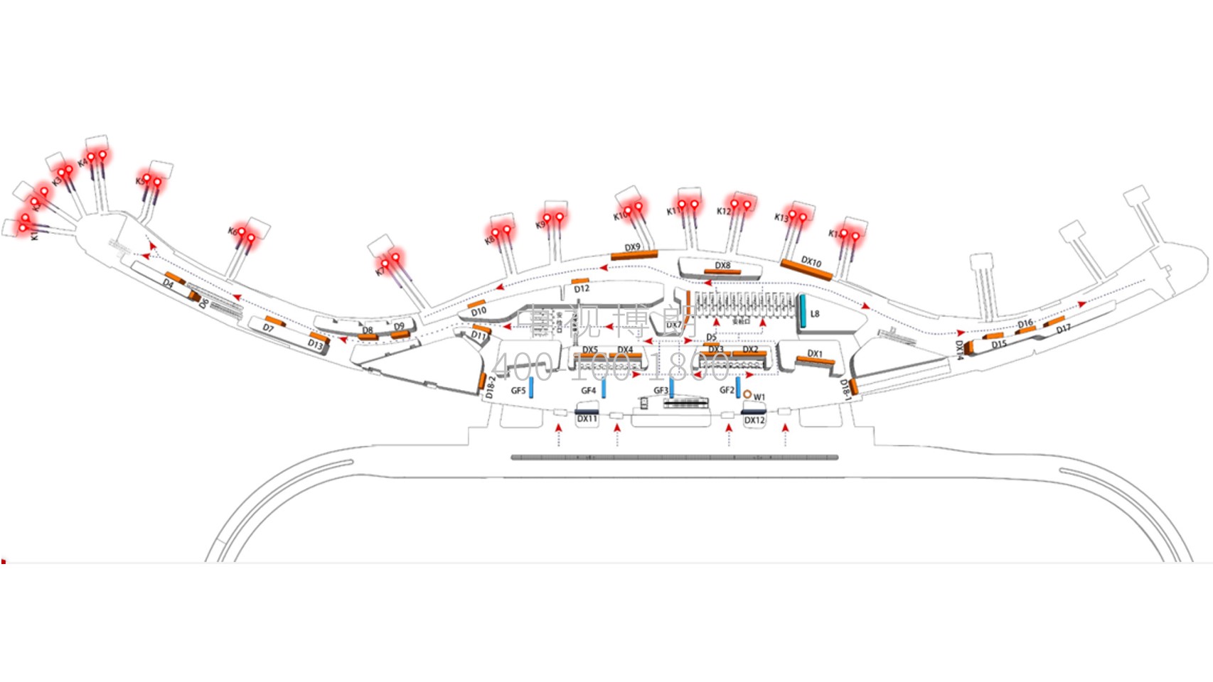 宁波栎社国际机场广告-T2登机廊桥移动端外侧看板位置图
