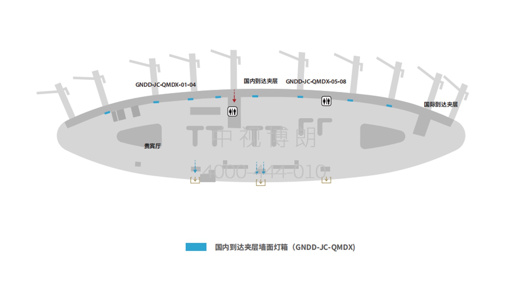 南通兴东机场广告-国内到达通廊墙面灯箱位置图
