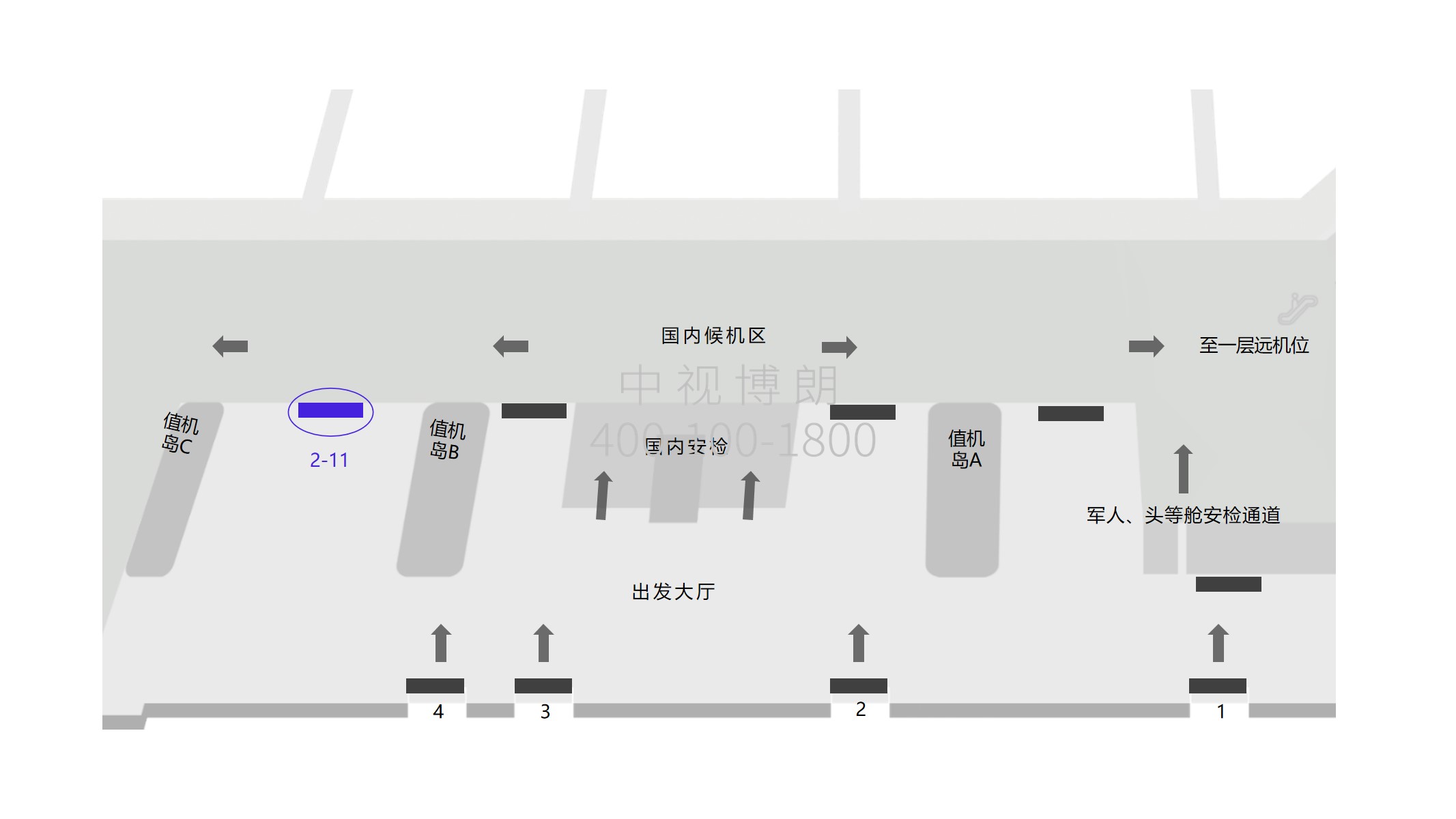 三亚机场广告-2-11出发大厅安检口处灯箱点位图