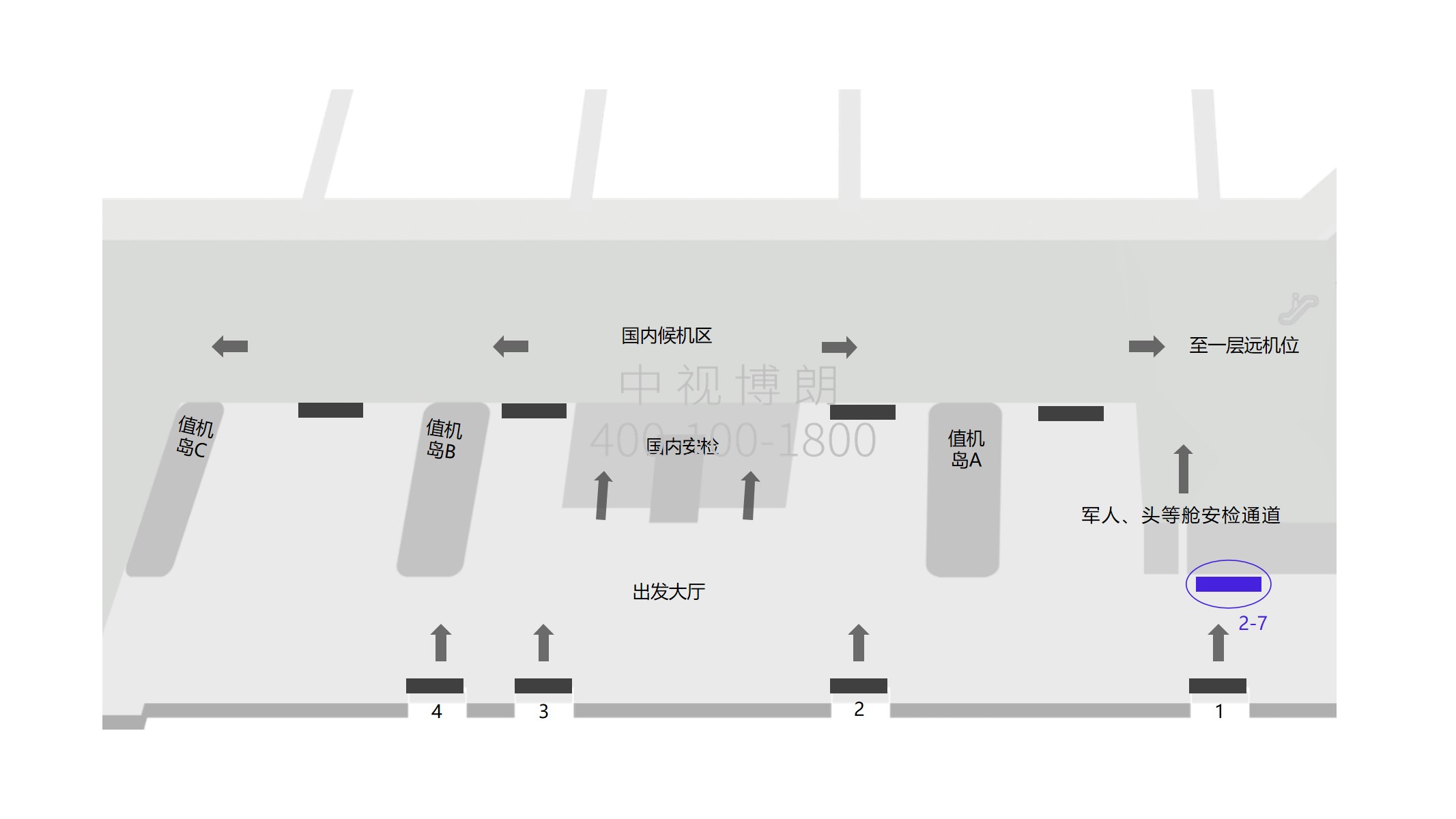三亚机场广告-2-7出发大厅安检口外灯箱点位图