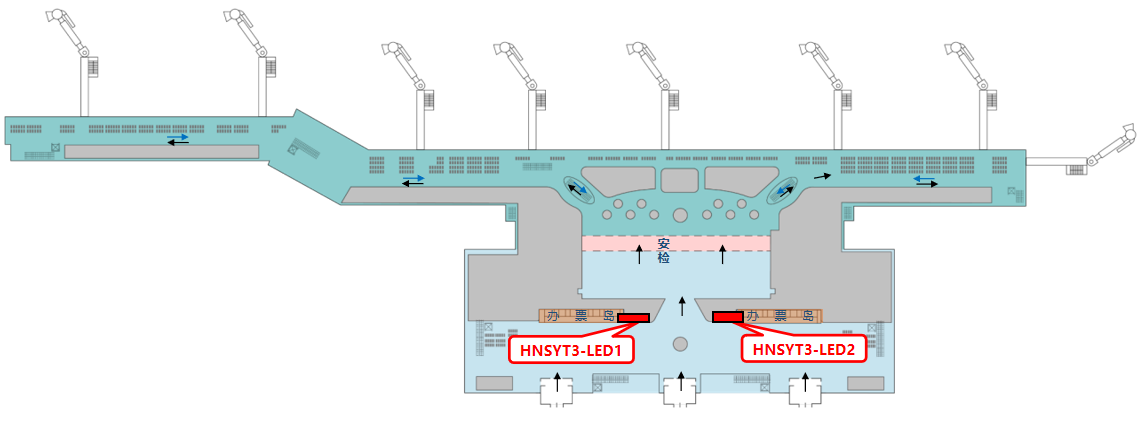 三亚凤凰机场广告-T3国内出发值机岛上方LED屏套装位置图