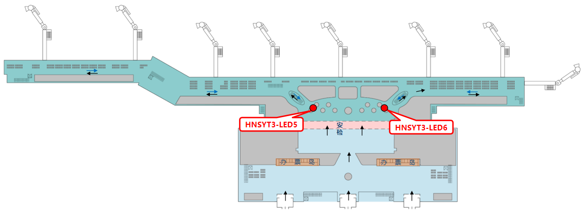 三亚凤凰机场广告-T3国内出发安检后LED屏套装位置图