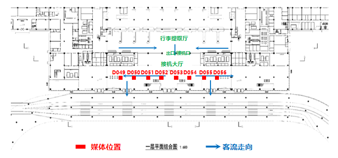 石家庄正定国际机场广告-一层到达大厅包柱灯箱套装位置图