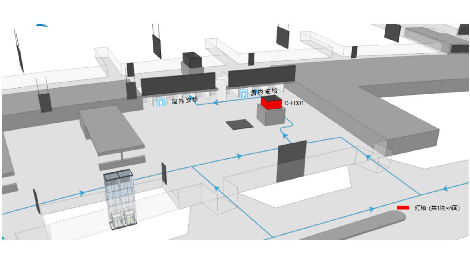 沈阳桃仙国际机场广告-国内出发值机厅安检前风塔灯箱位置图