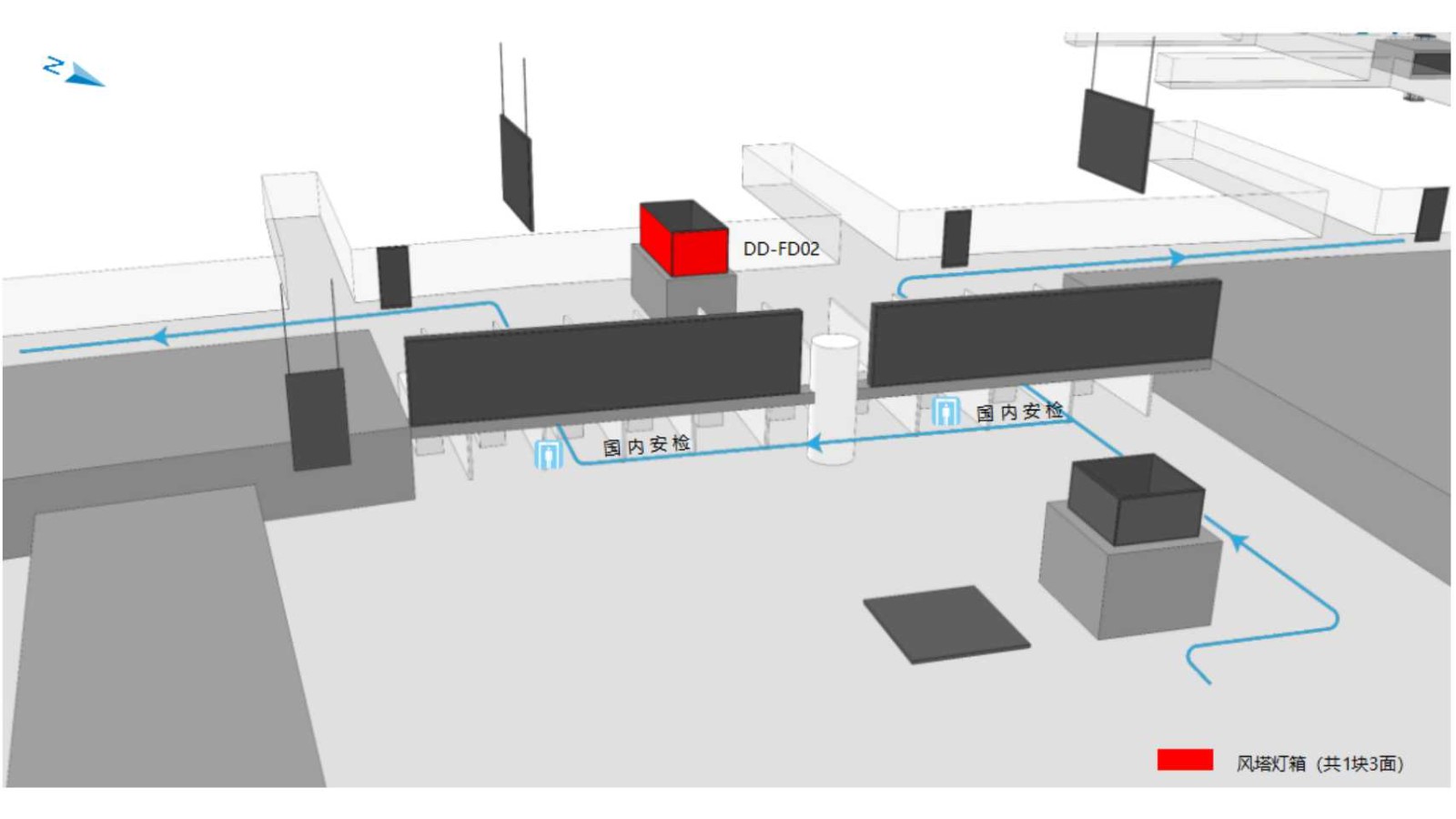 沈阳桃仙国际机场广告-国内出发候机区安检后风塔灯箱位置图
