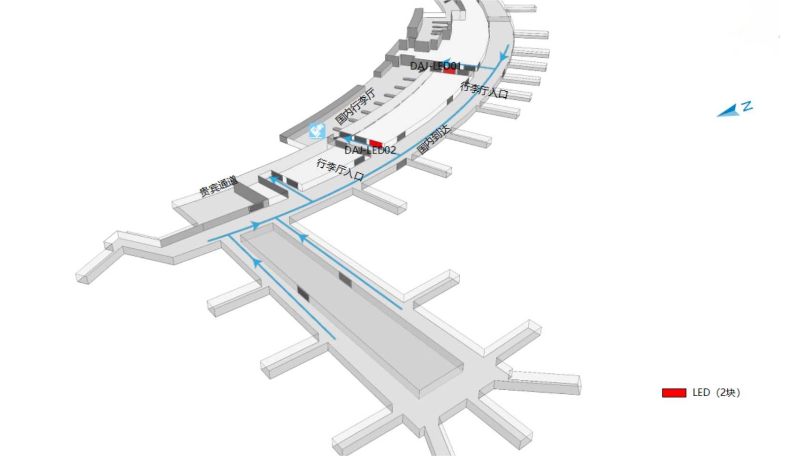 沈阳桃仙国际机场广告-国内到达中央通廊LED套装位置图