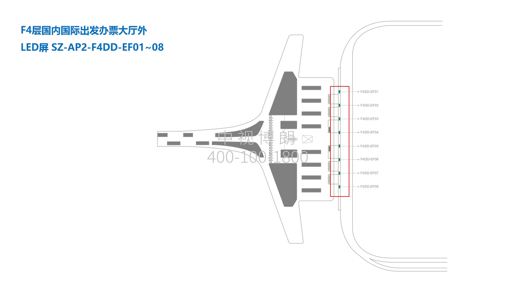 深圳机场广告-出发大厅入口联排屏幕套装点位图