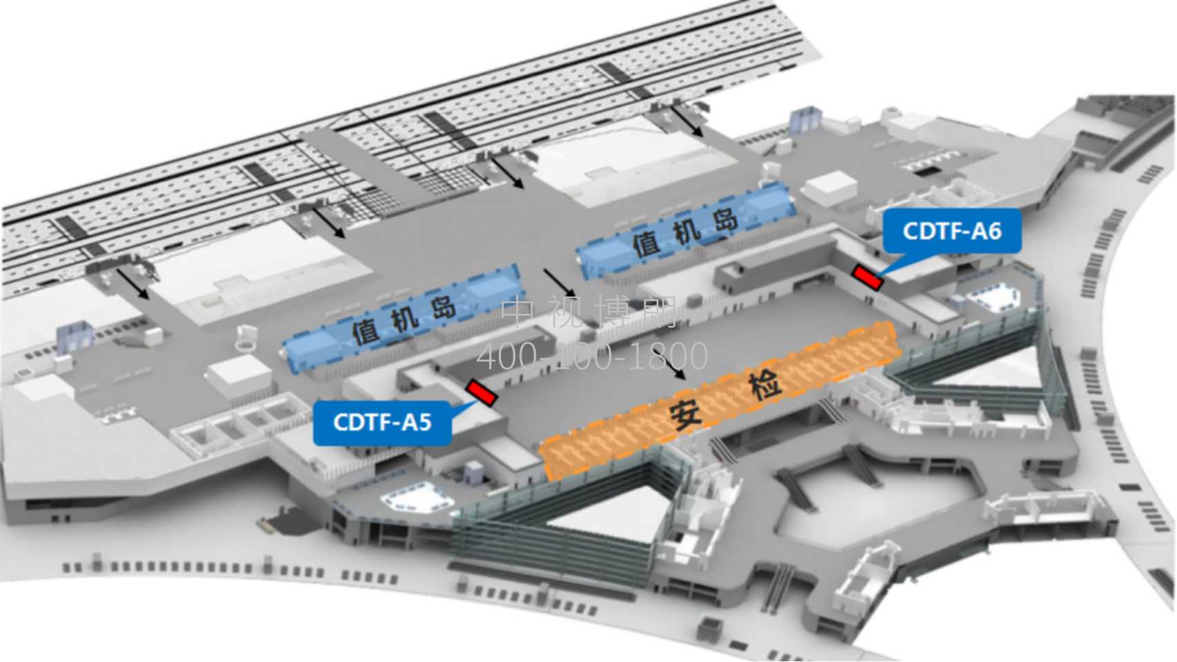 成都天府机场广告-T2国内出发安检区上方灯箱位置图