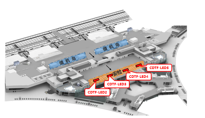 成都天府机场广告-T2国内出发安检厅LED屏套装位置图