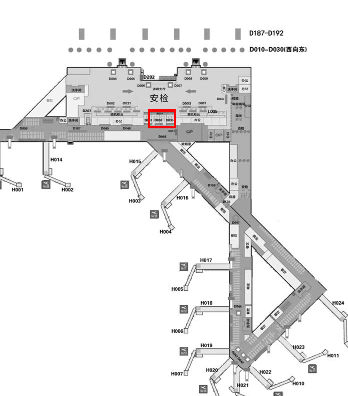 太原武宿国际机场广告-T2安检通道顶部灯箱套装位置图