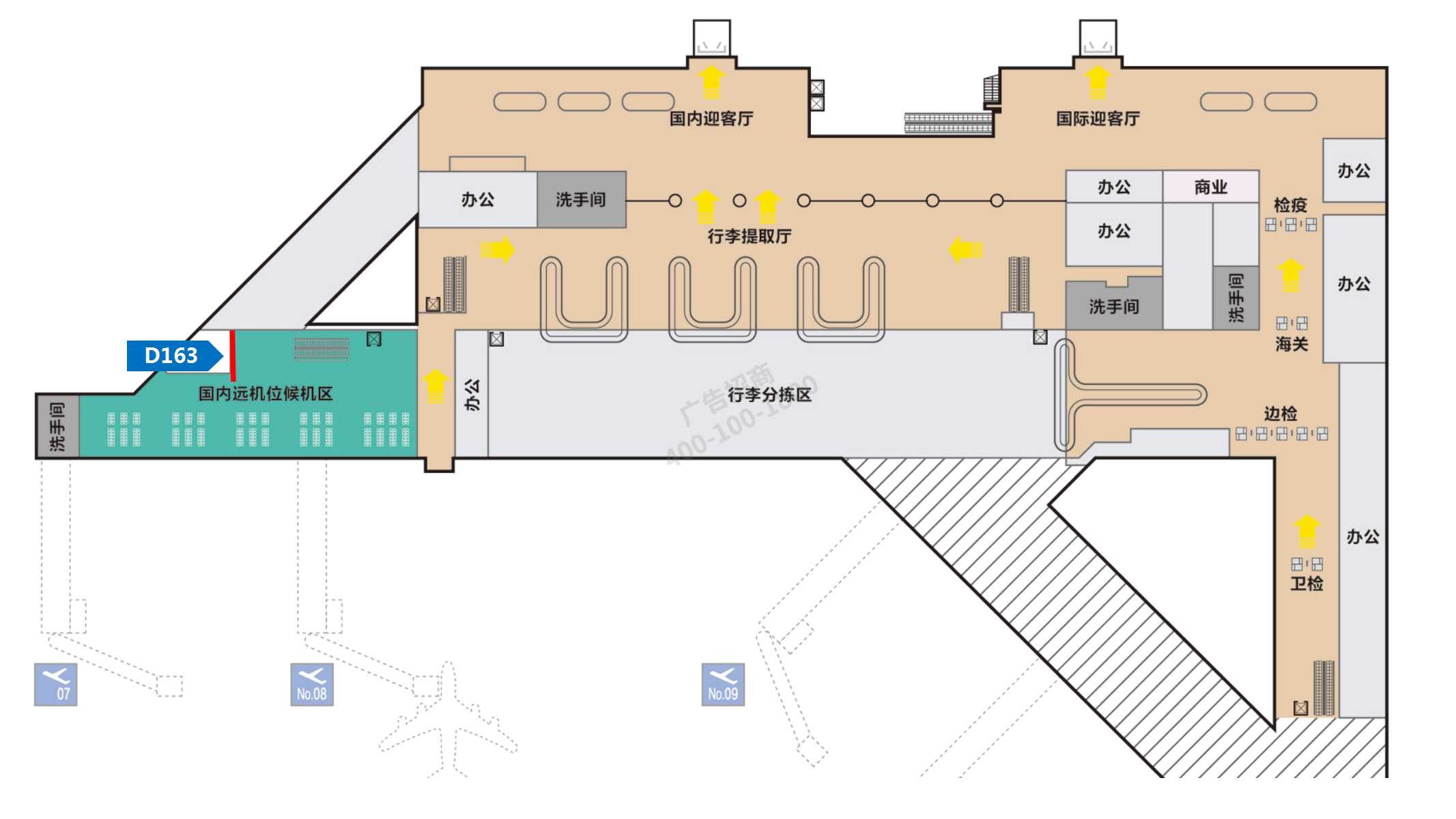 太原武宿国际机场广告-国内出发远机位灯箱2位置图