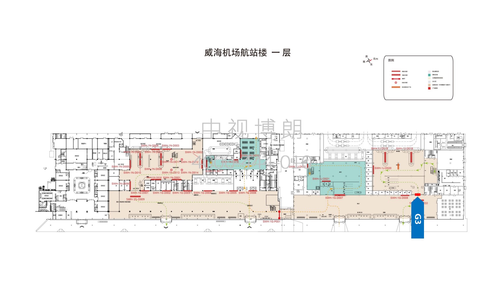 威海大水泊机场广告-到达厅出口灯箱位置图
