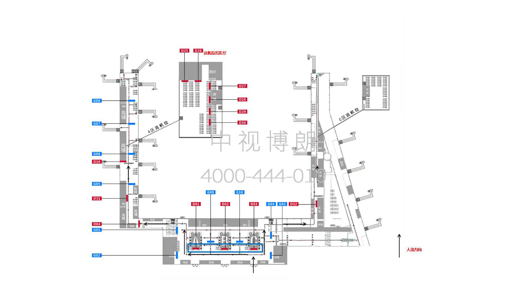 乌鲁木齐地窝堡国际机场广告-T3值机岛上灯箱套装位置图
