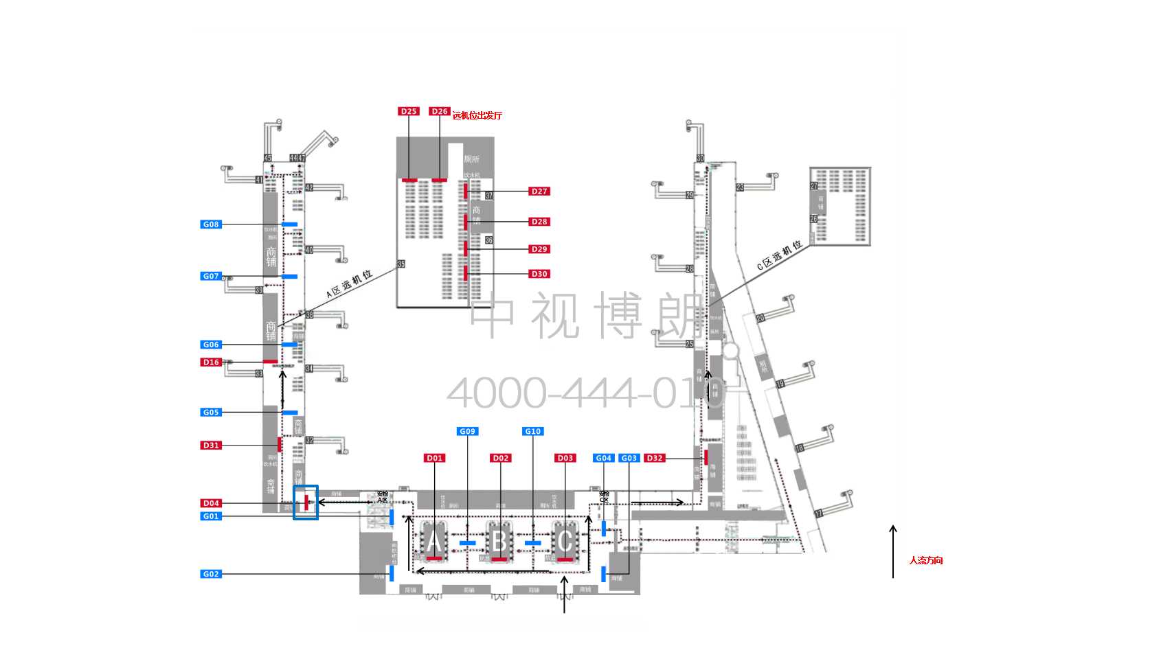 乌鲁木齐地窝堡国际机场广告-T3出发区灯箱1位置图