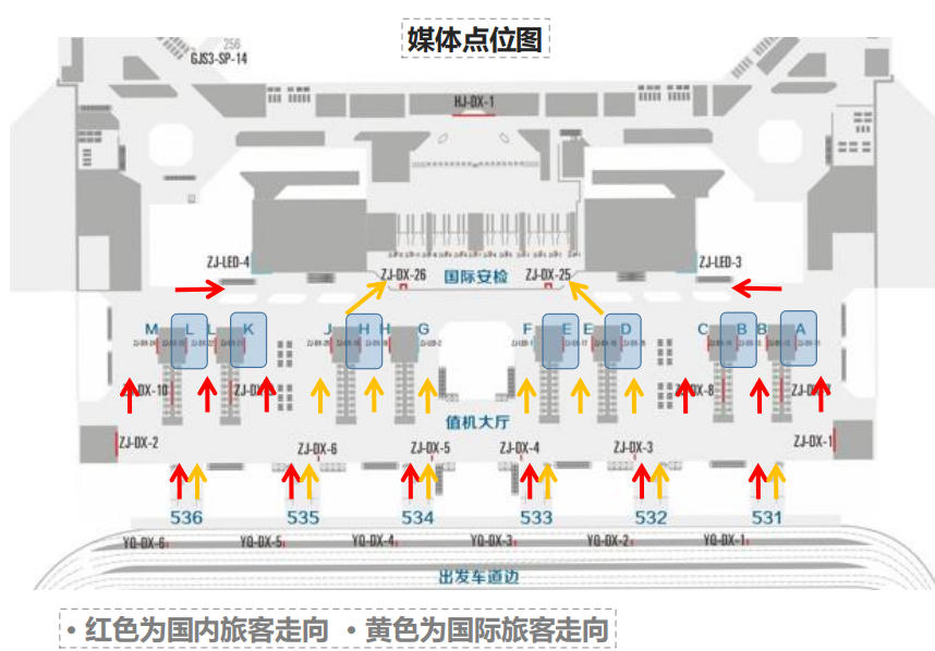 西安咸阳国际机场广告-T5-F3层国内出发值机岛灯箱位置图