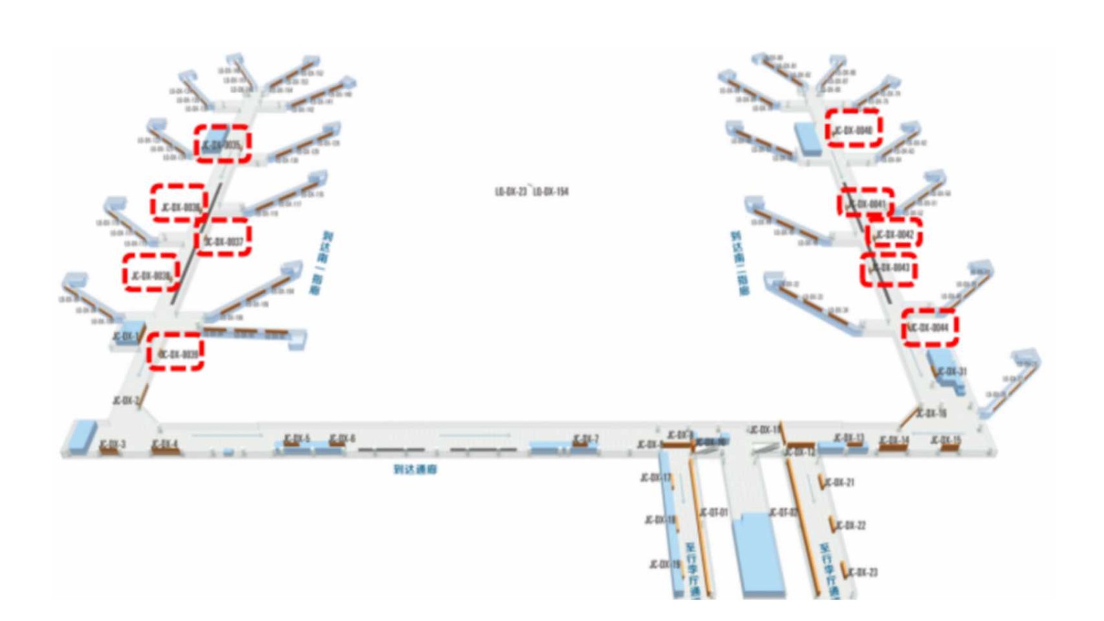 西安咸阳国际机场广告-T3国内到达通廊灯箱套装2位置图
