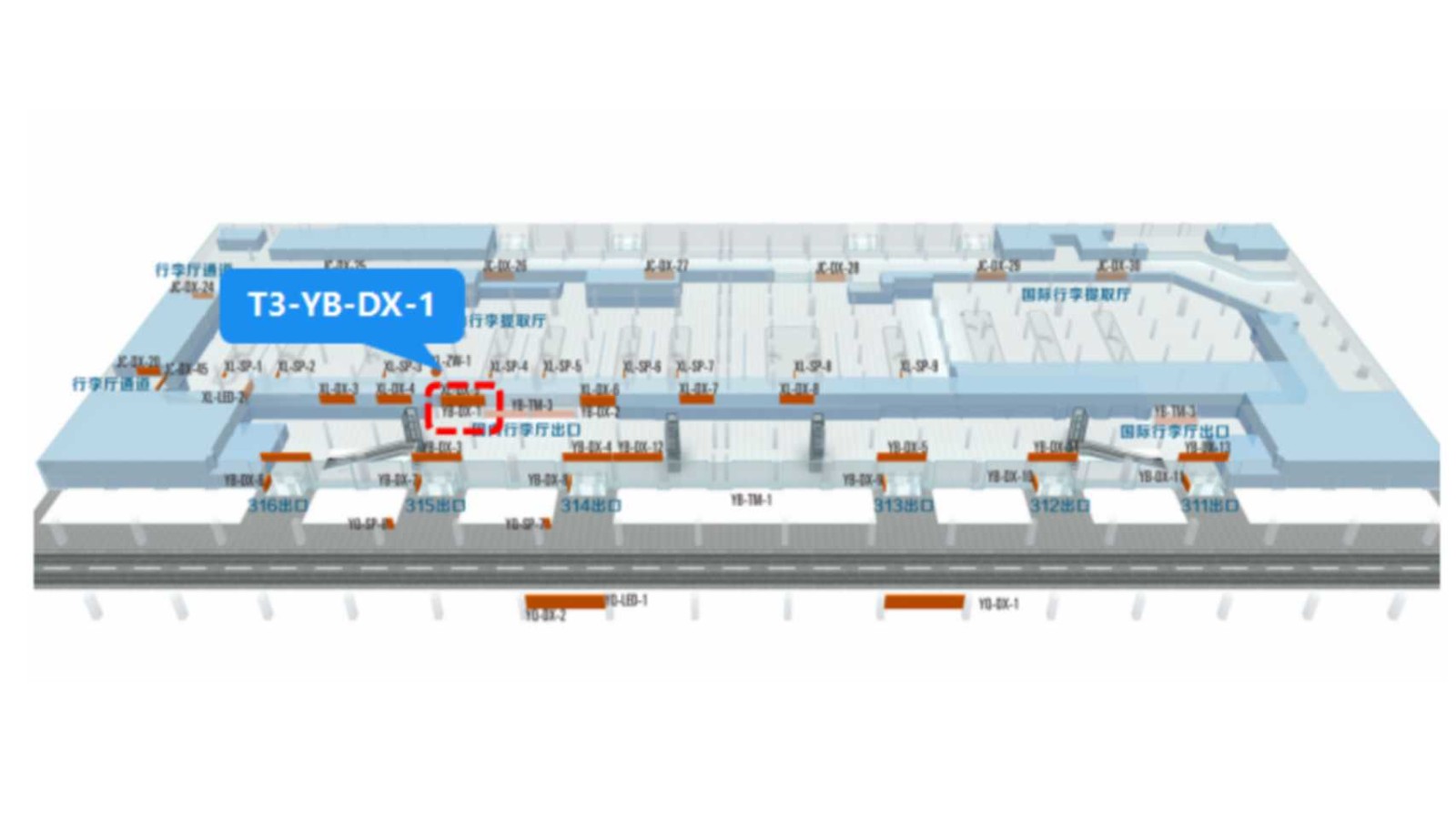 西安咸阳国际机场广告-T3国内到达迎宾厅灯箱1位置图
