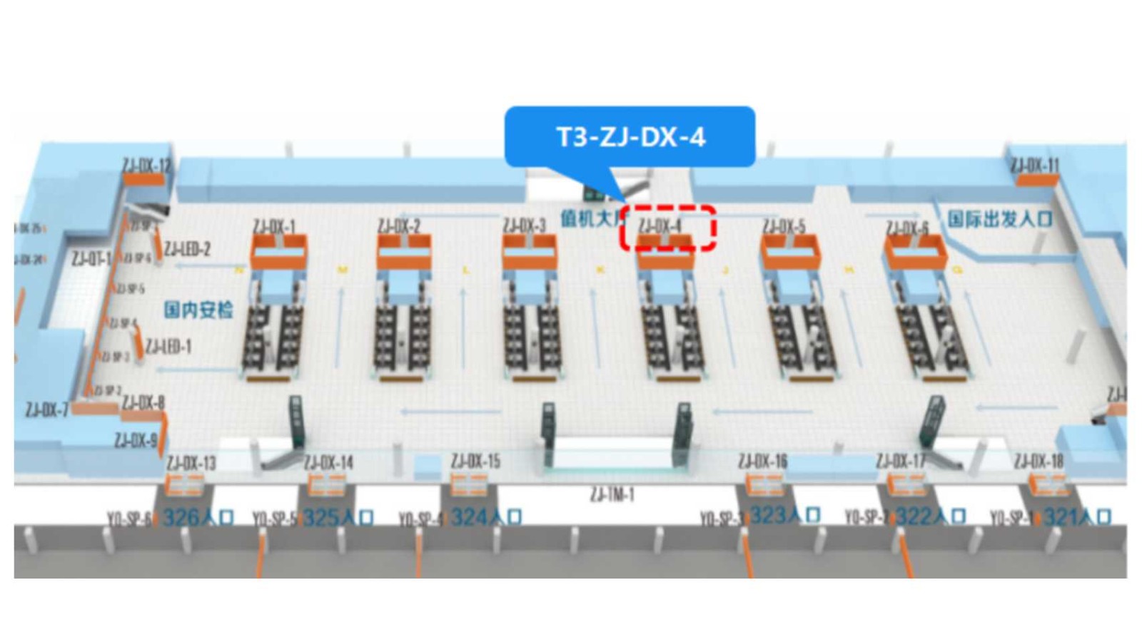西安咸阳国际机场广告-T3国内出发值机厅灯箱4位置图